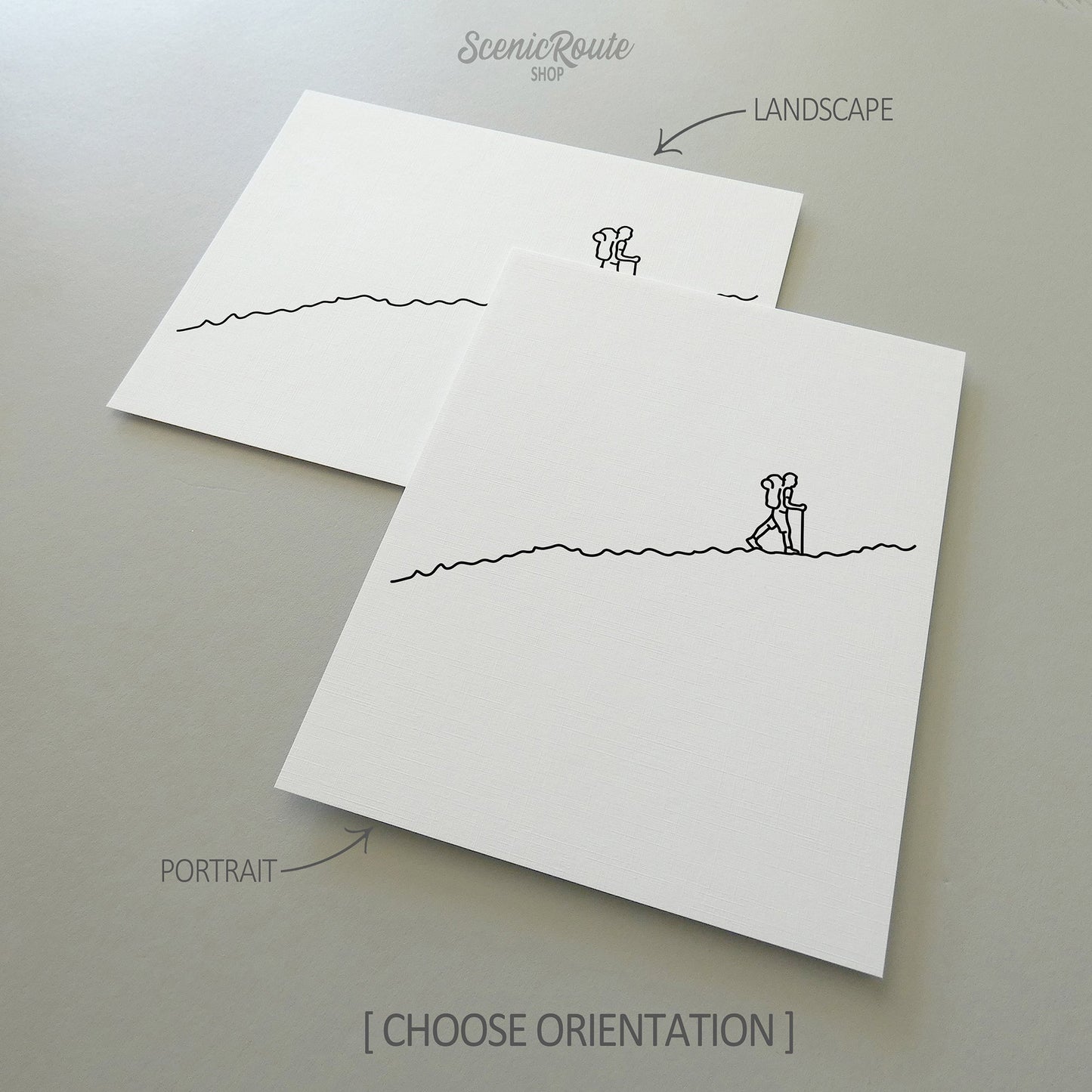 Two line art drawings of Hiking on white linen paper with a gray background.  The pieces are shown in portrait and landscape orientation for the available art print options.