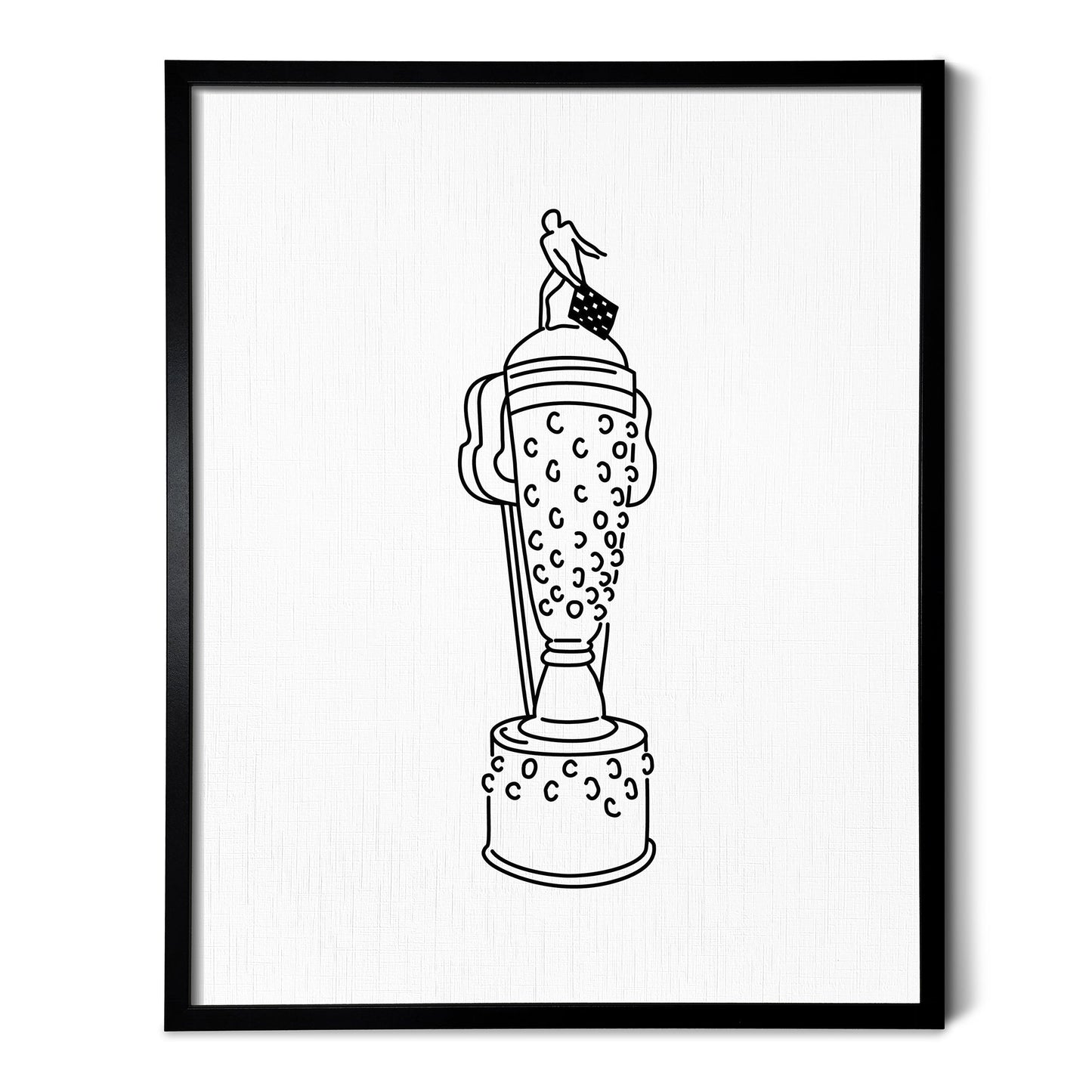 A line art drawing of the Indy Car Borg Warner Trophy on white linen paper in a thin black picture frame