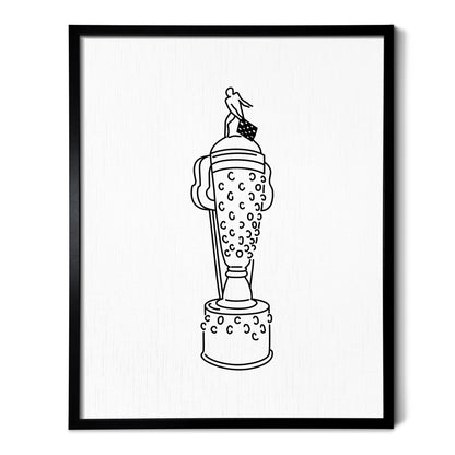 A line art drawing of the Indy Car Borg Warner Trophy on white linen paper in a thin black picture frame