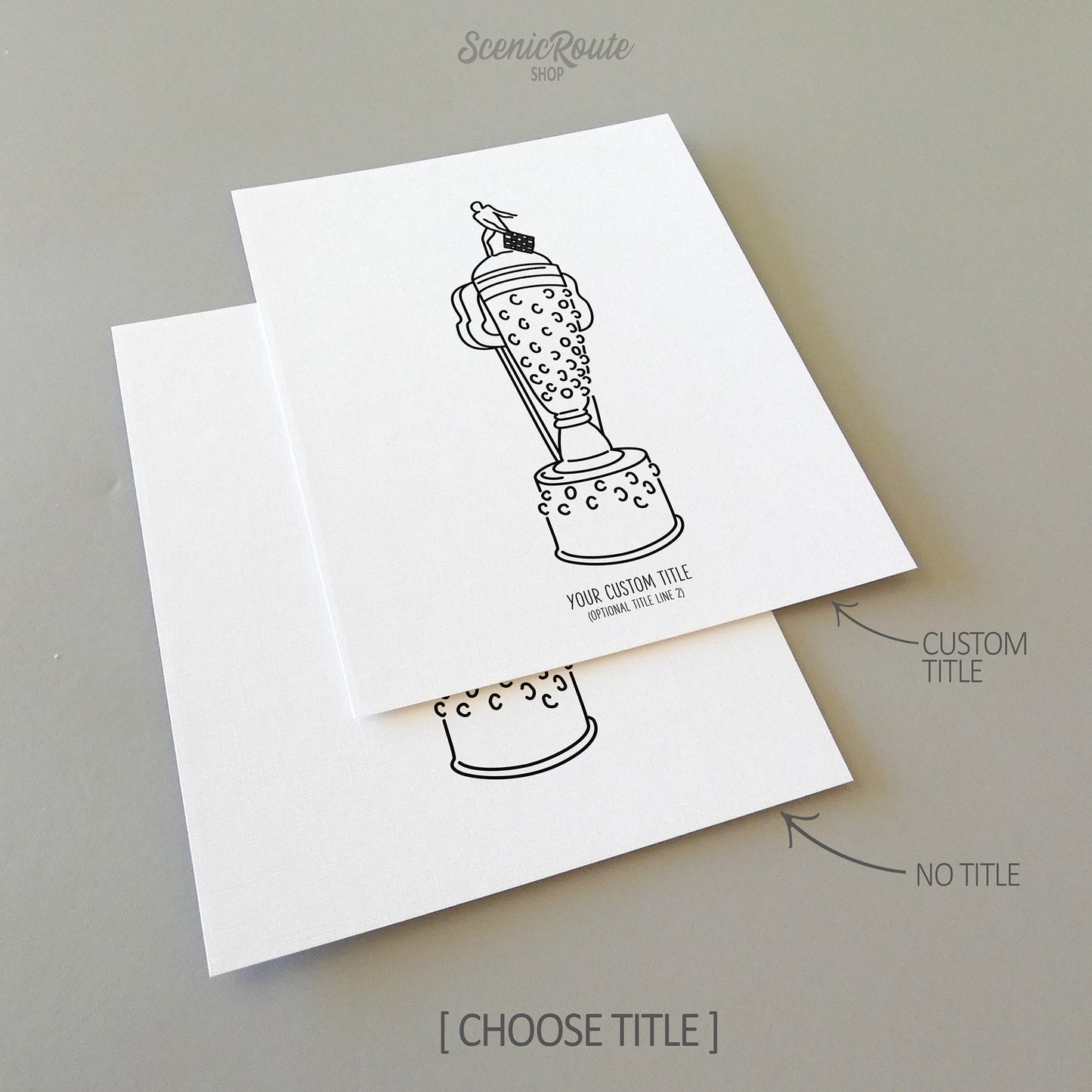 Two line art drawings of the Indy Car Borg Warner Trophy on white linen paper with a gray background. The pieces are shown with “No Title” and “Custom Title” options for the available art print options.