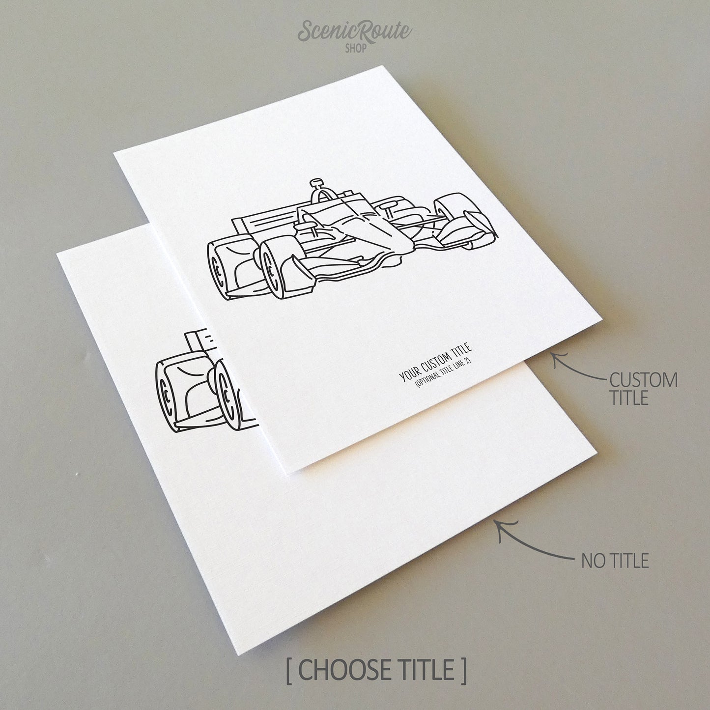Two line art drawings of an Indy Car on white linen paper with a gray background.  The pieces are shown with “No Title” and “Custom Title” options for the available art print options.