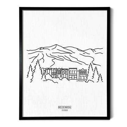A line art drawing of Breckenridge in Colorado on white linen paper in a thin black picture frame