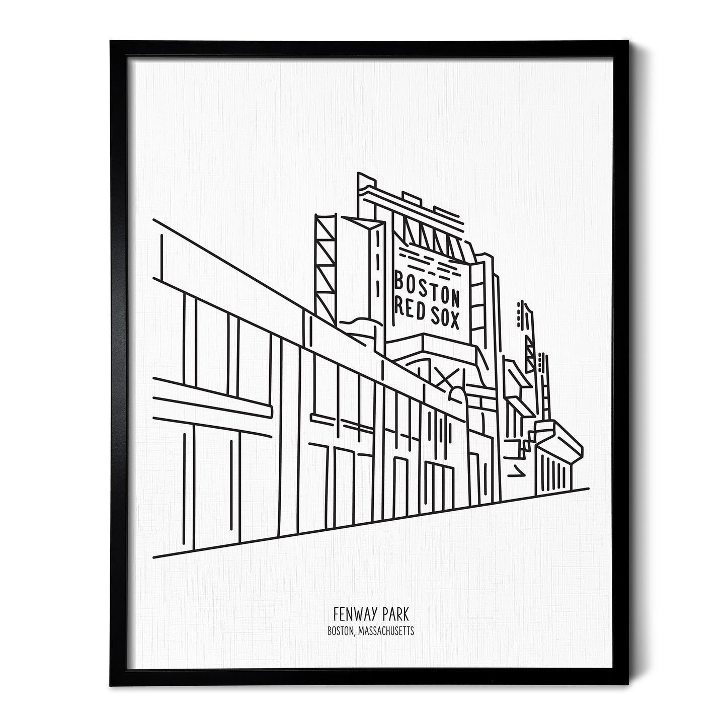 Custom line art drawings of Boston Fenway Ballpark on white linen paper in a thin black picture frames