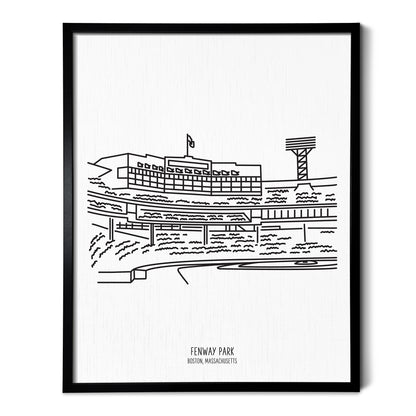 Custom line art drawings of Boston Fenway Ballpark on white linen paper in a thin black picture frames