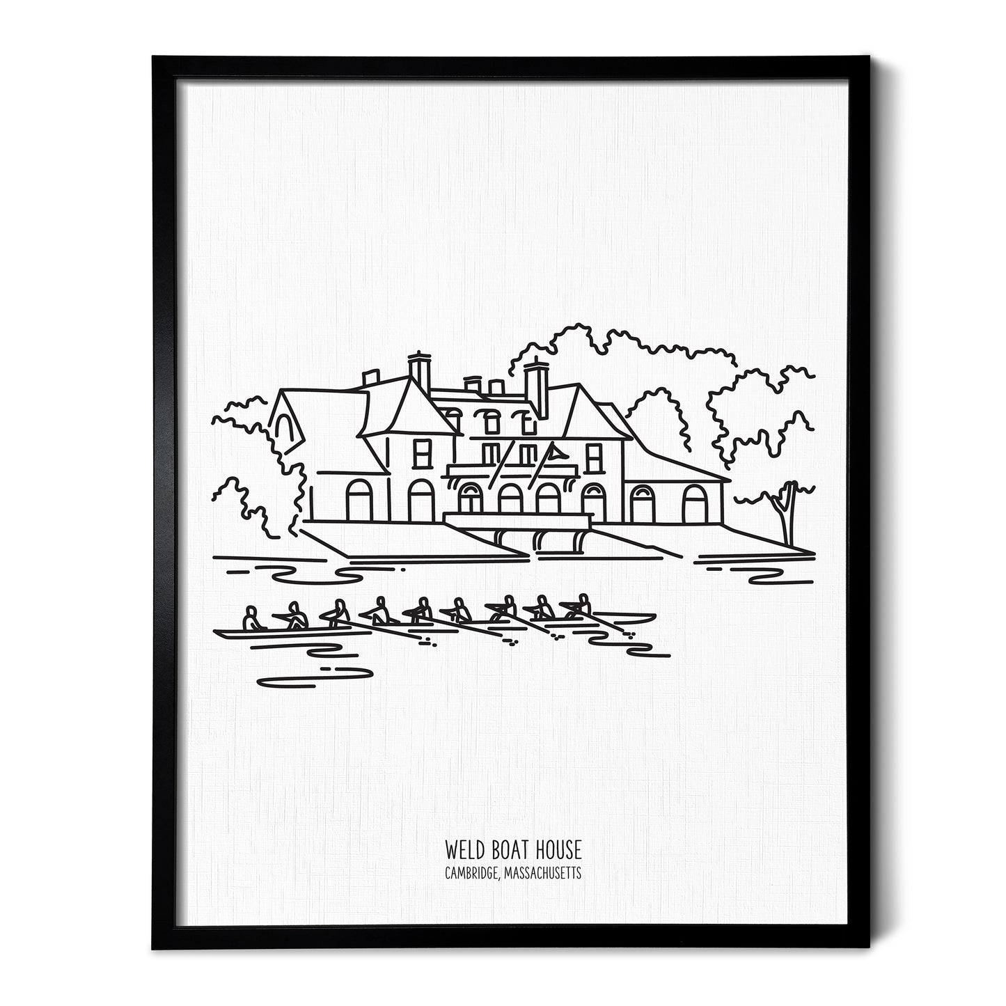 Custom line art drawings of the Boston Harvard Weld Boathouse on white linen paper in a thin black picture frames