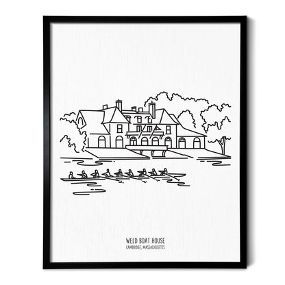 Custom line art drawings of the Boston Harvard Weld Boathouse on white linen paper in a thin black picture frames