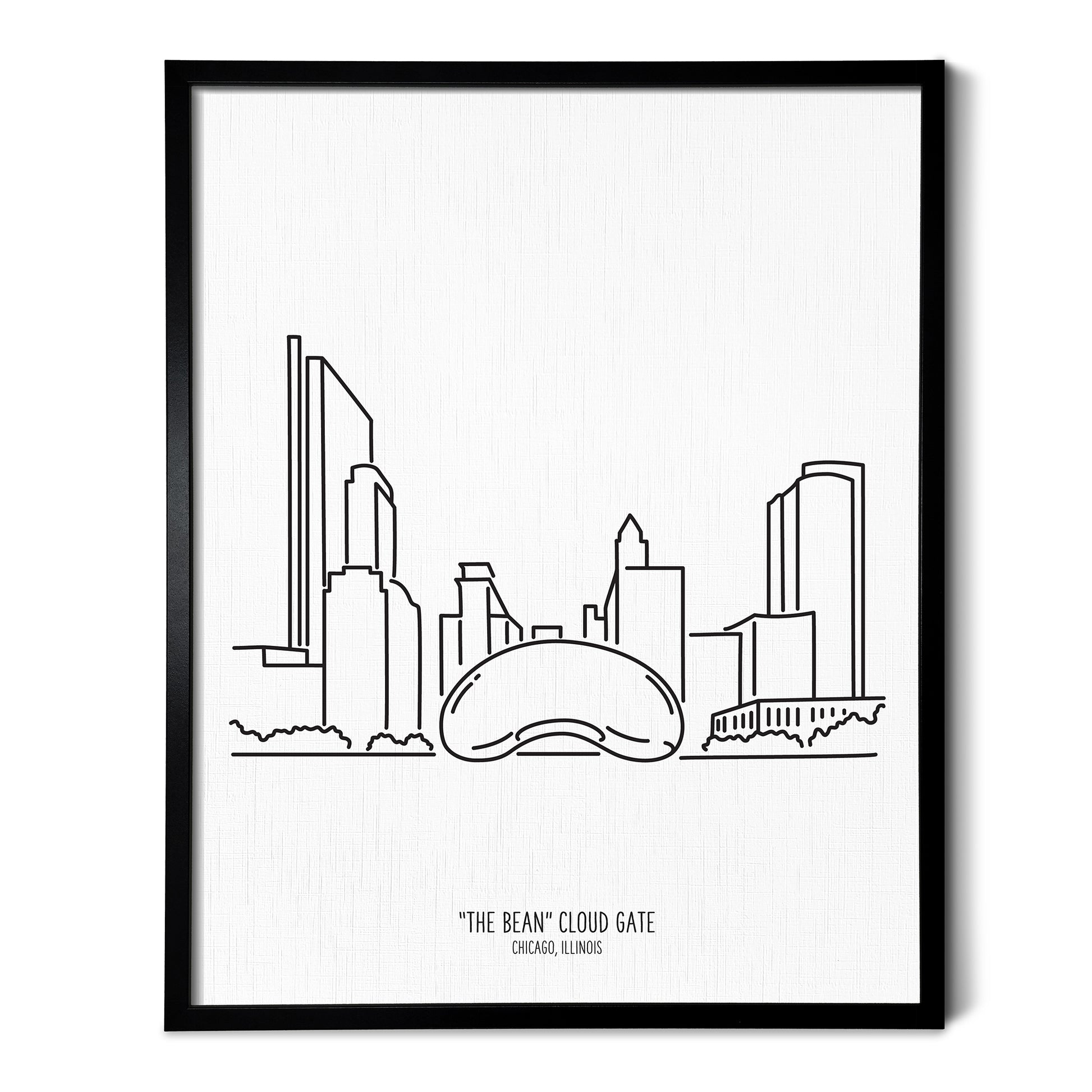 Custom line art drawings of the Chicago "Bean" Cloud Gate Sculpture on white linen paper in a thin black picture frames