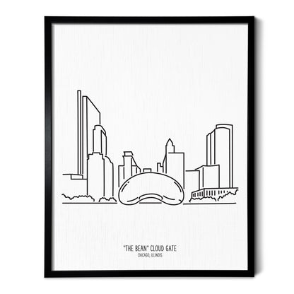 Custom line art drawings of the Chicago "Bean" Cloud Gate Sculpture on white linen paper in a thin black picture frames