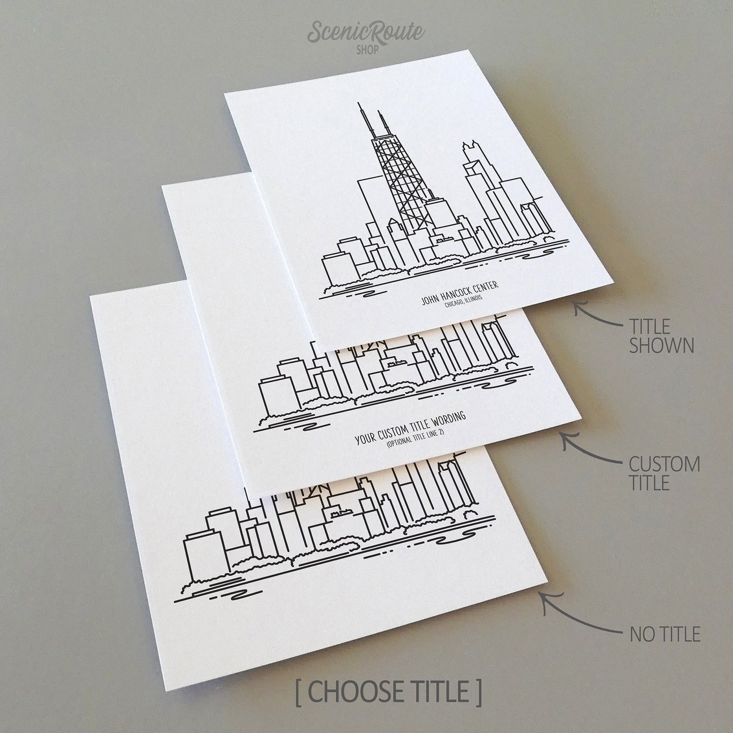 Three line art drawings of the John Hancock Tower Building on white linen paper with a gray background.  The pieces are shown with title options that can be chosen and personalized.