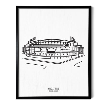 Custom line art drawings of the Chicago Cubs Wrigley Field Ballpark on white linen paper in a thin black picture frames