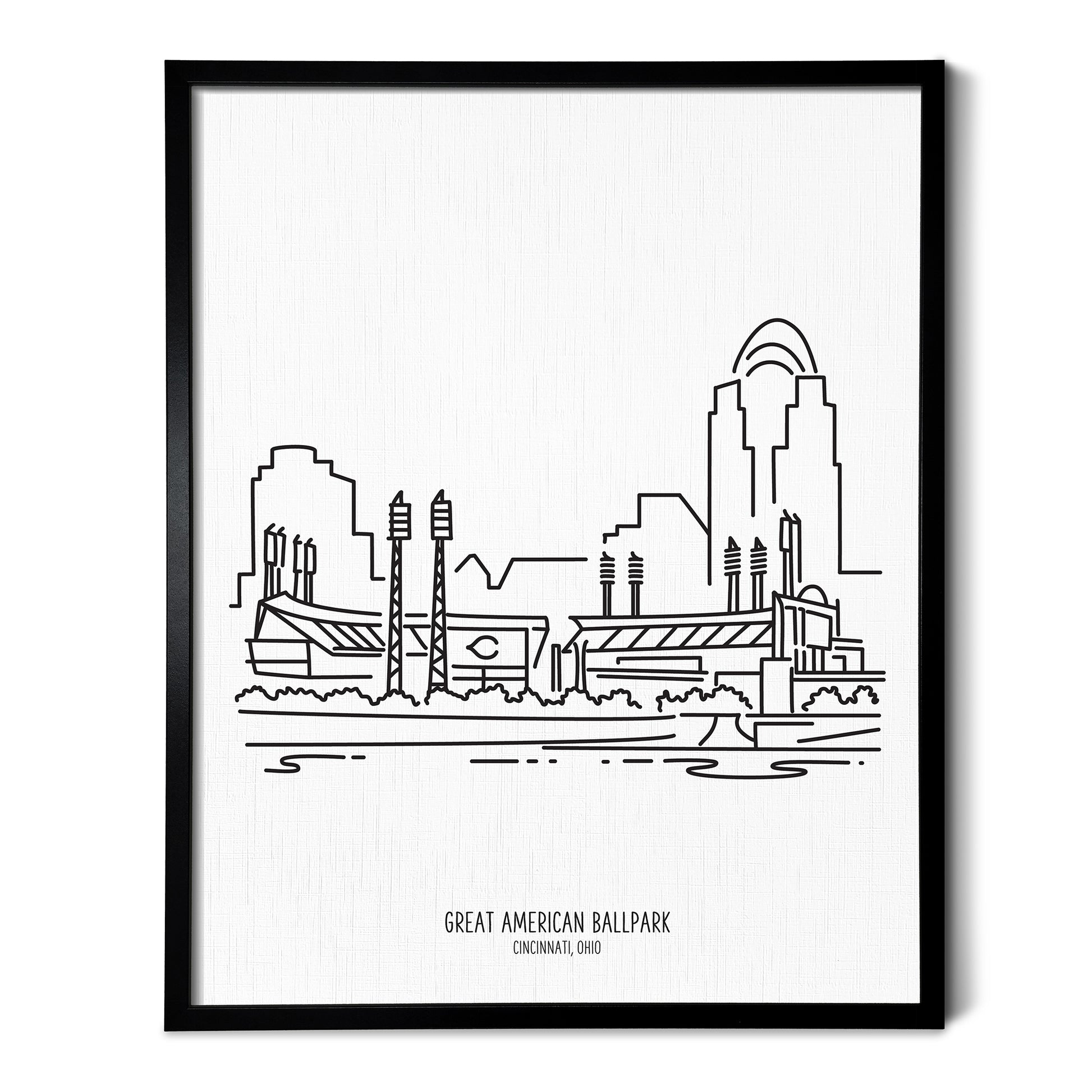 Custom line art drawings of the Cincinnati Reds Great American Ballpark on white linen paper in a thin black picture frames