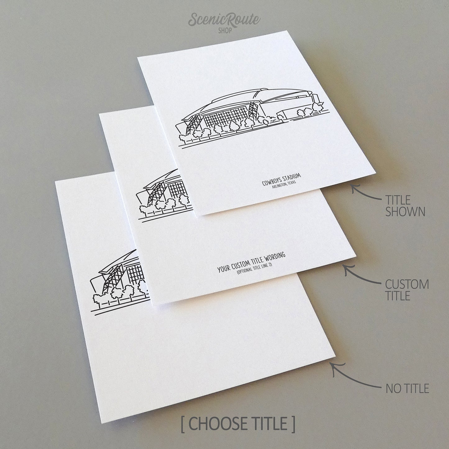 Three line art drawings of the Dallas Cowboys Stadium in Texas on white linen paper with a gray background.  The pieces are shown with title options that can be chosen and personalized.