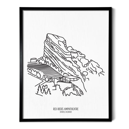 Custom line art drawings of the Denver Red Rocks Amphitheatre on white linen paper in a thin black picture frames