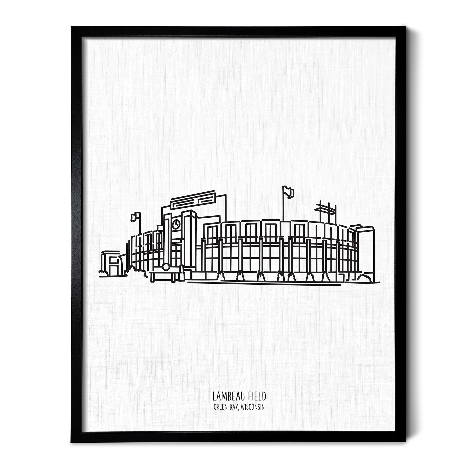 Custom line art drawings of the Green Bay Packers Lambeau Field on white linen paper in a thin black picture frames