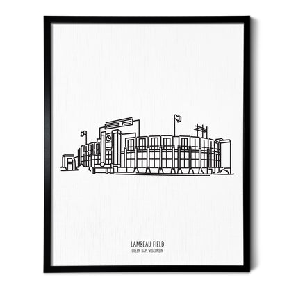 Custom line art drawings of the Green Bay Packers Lambeau Field on white linen paper in a thin black picture frames