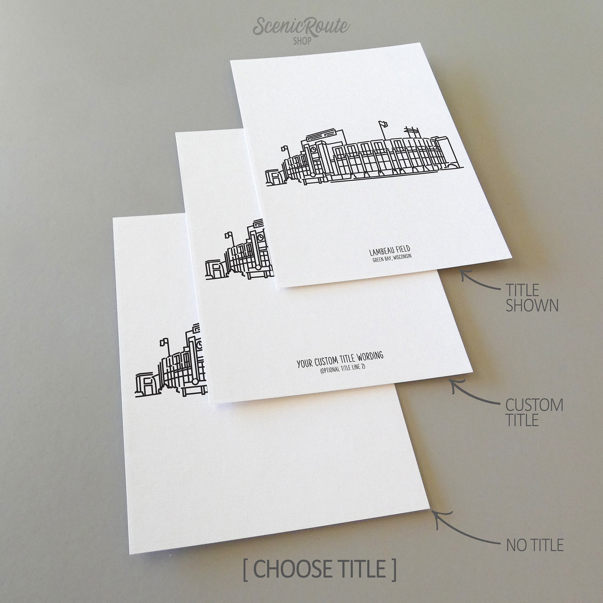Three line art drawings of the Green Bay Packers Lambeau Field on white linen paper with a gray background.  The pieces are shown with title options that can be chosen and personalized.