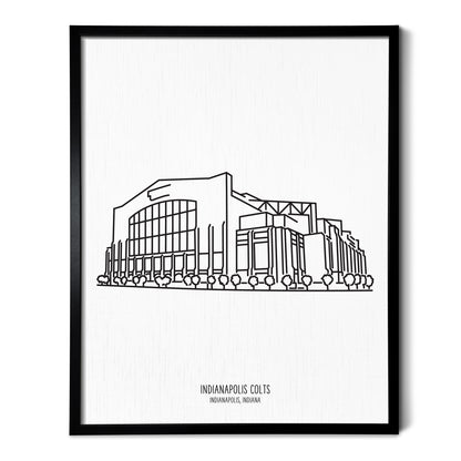 Custom line art drawings of the Indianapolis Colts Stadium on white linen paper in a thin black picture frames