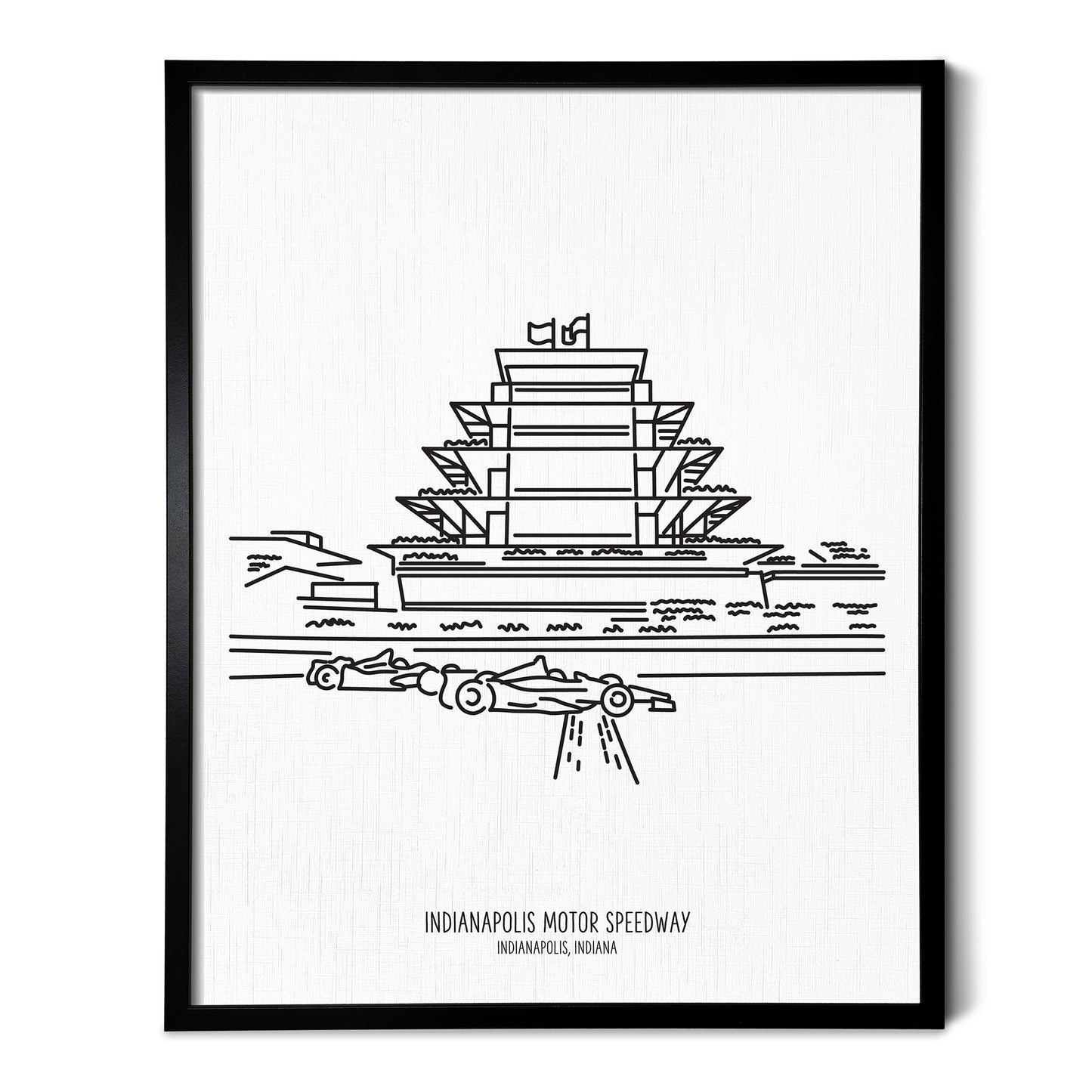 Custom line art drawings of the Indianapolis Speedway Pagoda on white linen paper in a thin black picture frames