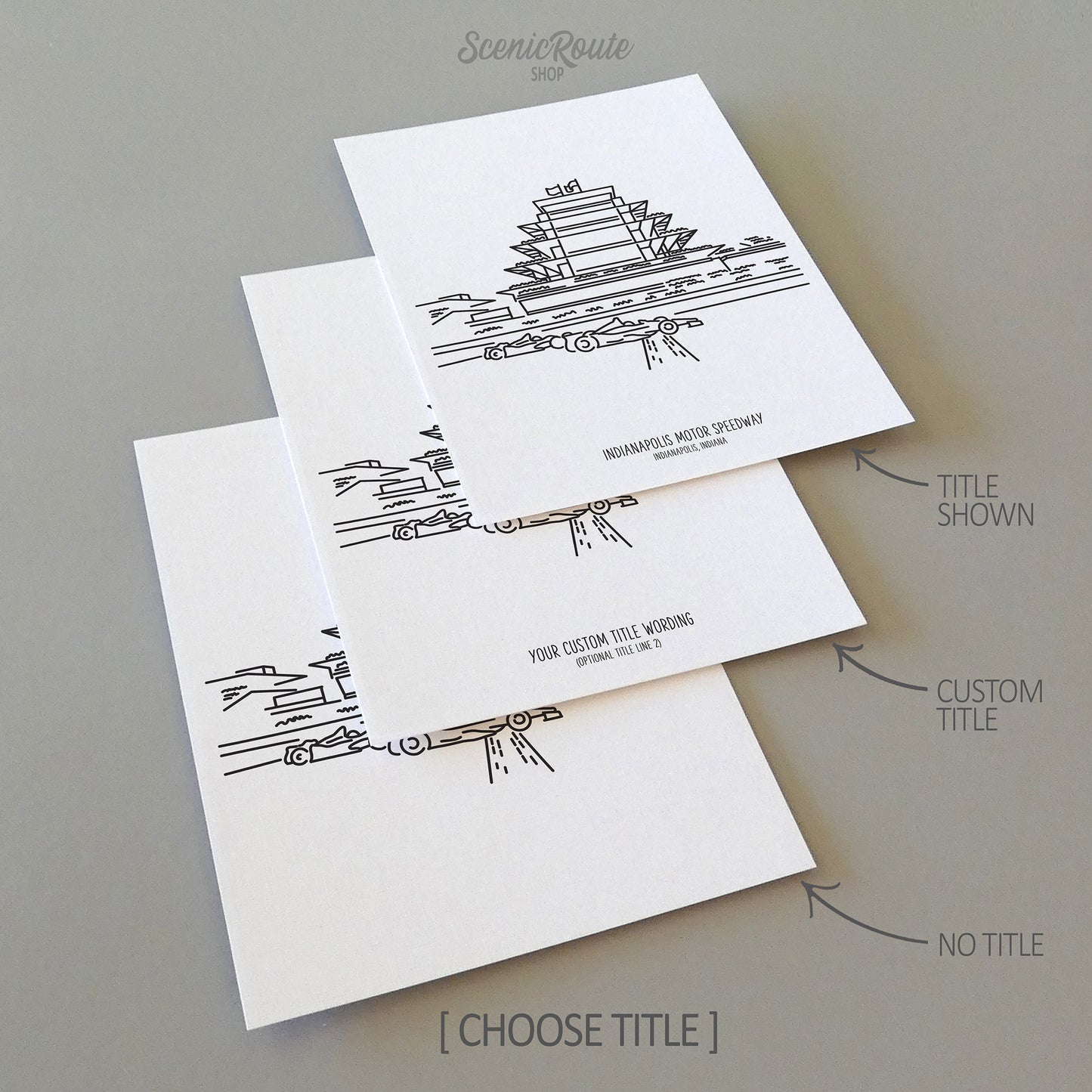 Three line art drawings of the Indianapolis Speedway Pagoda on white linen paper with a gray background.  The pieces are shown with title options that can be chosen and personalized.