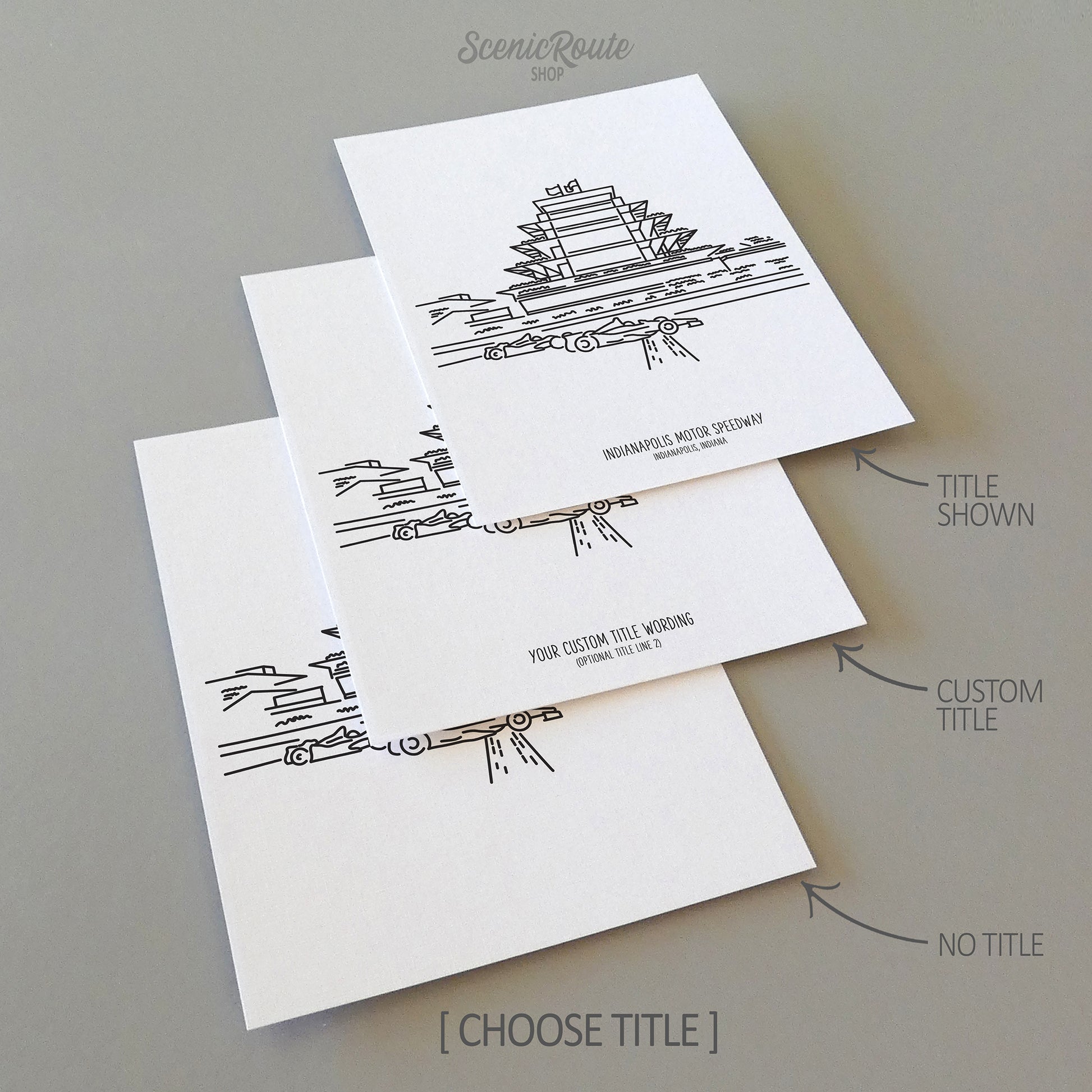 Three line art drawings of the Indianapolis Speedway Pagoda on white linen paper with a gray background.  The pieces are shown with title options that can be chosen and personalized.