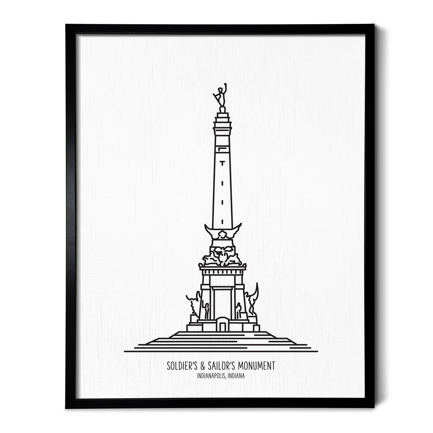 Custom line art drawings of the Indianapolis Soldiers and Sailors Monument on white linen paper in a thin black picture frames