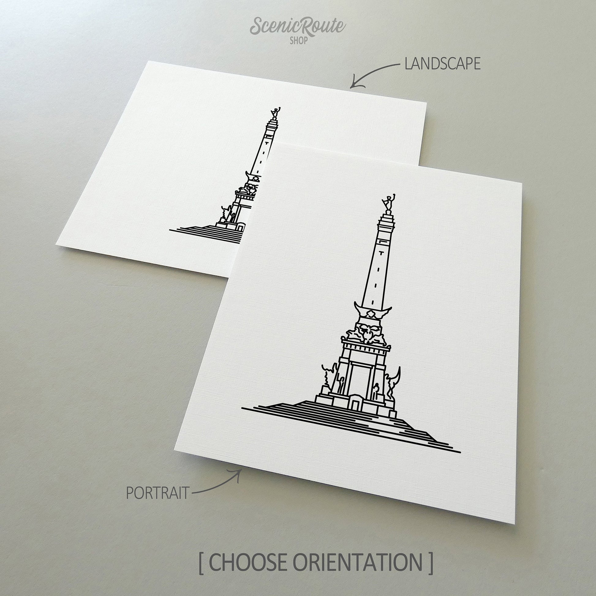 Two line art drawings of the Soldiers and Sailors Monument on white linen paper with a gray background.  The pieces are shown in portrait and landscape orientation for the available art print options.