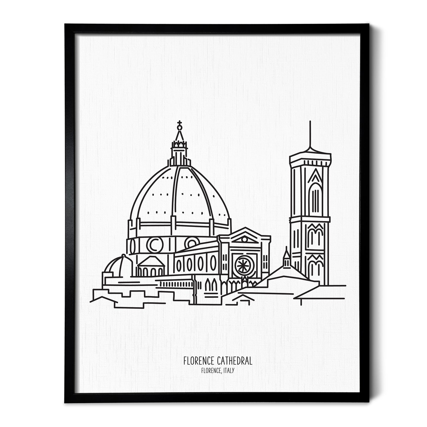 Custom line art drawings of the Duomo in Florence Italy on white linen paper in a thin black picture frames
