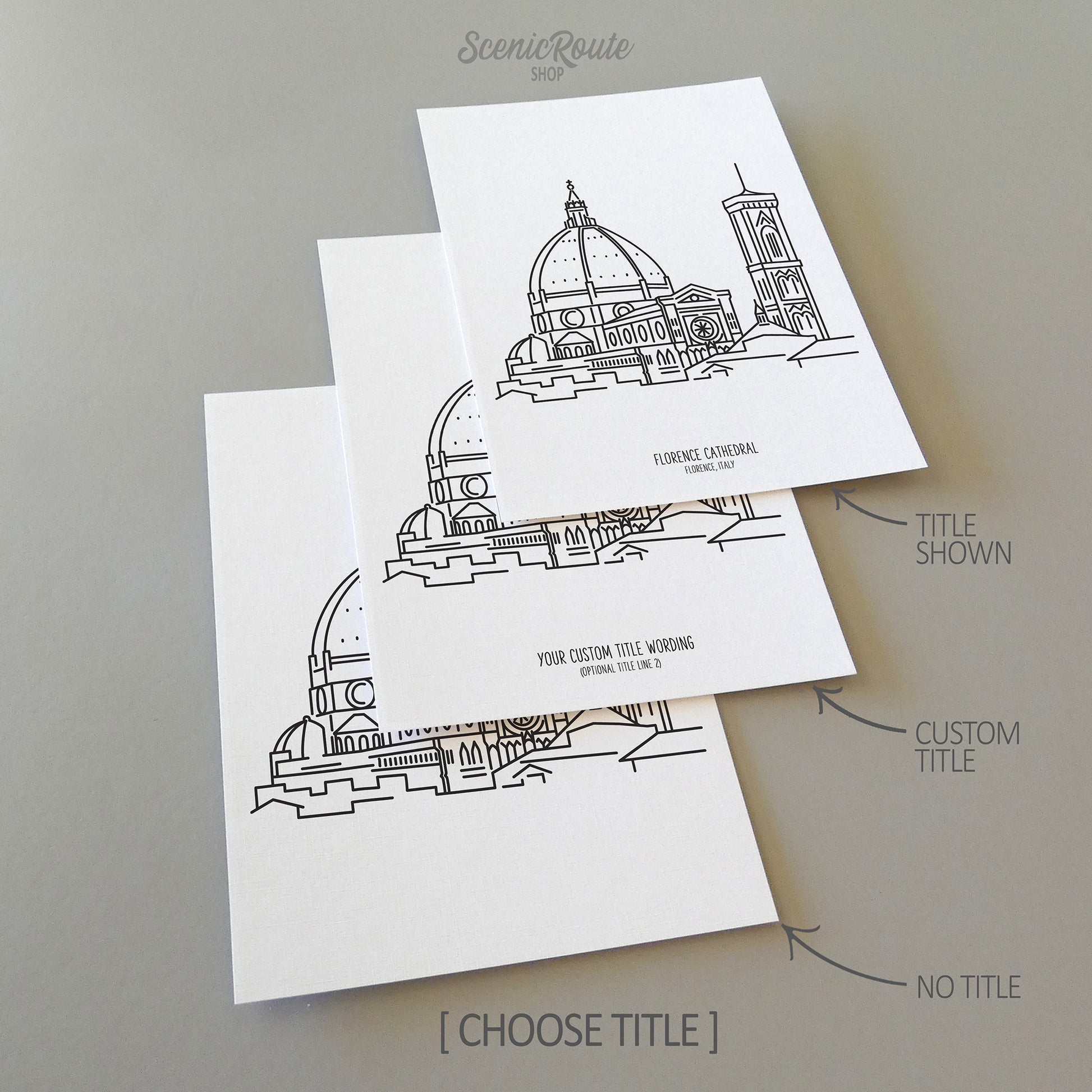 Three line art drawings of the Duomo in Florence Italy on white linen paper with a gray background.  The pieces are shown with title options that can be chosen and personalized.