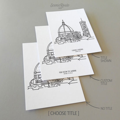 Three line art drawings of the Duomo in Florence Italy on white linen paper with a gray background.  The pieces are shown with title options that can be chosen and personalized.