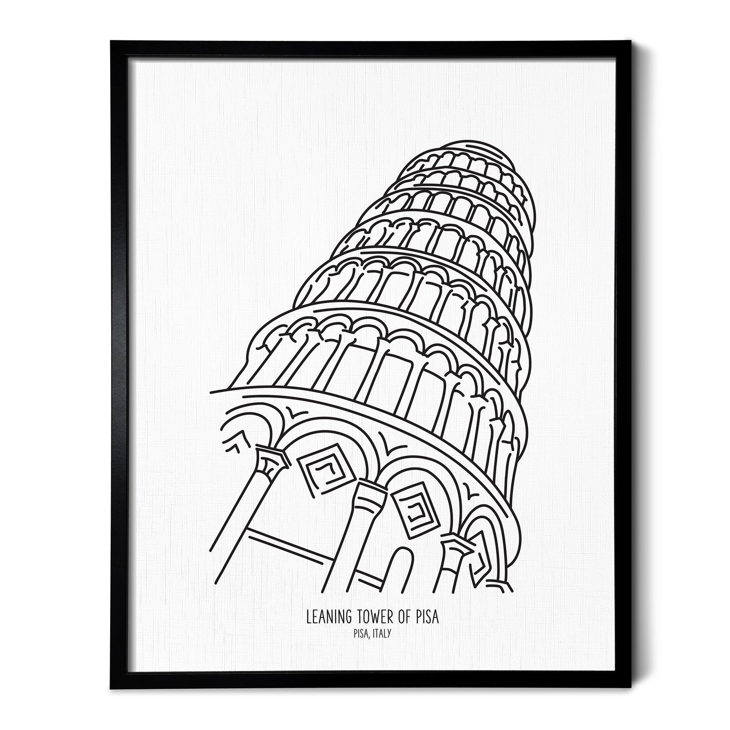 Custom line art drawings of the Leaning Tower of Pisa in Italy on white linen paper in a thin black picture frames
