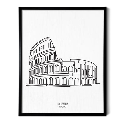 Custom line art drawings of the Colosseum in Rome Italy on white linen paper in a thin black picture frames