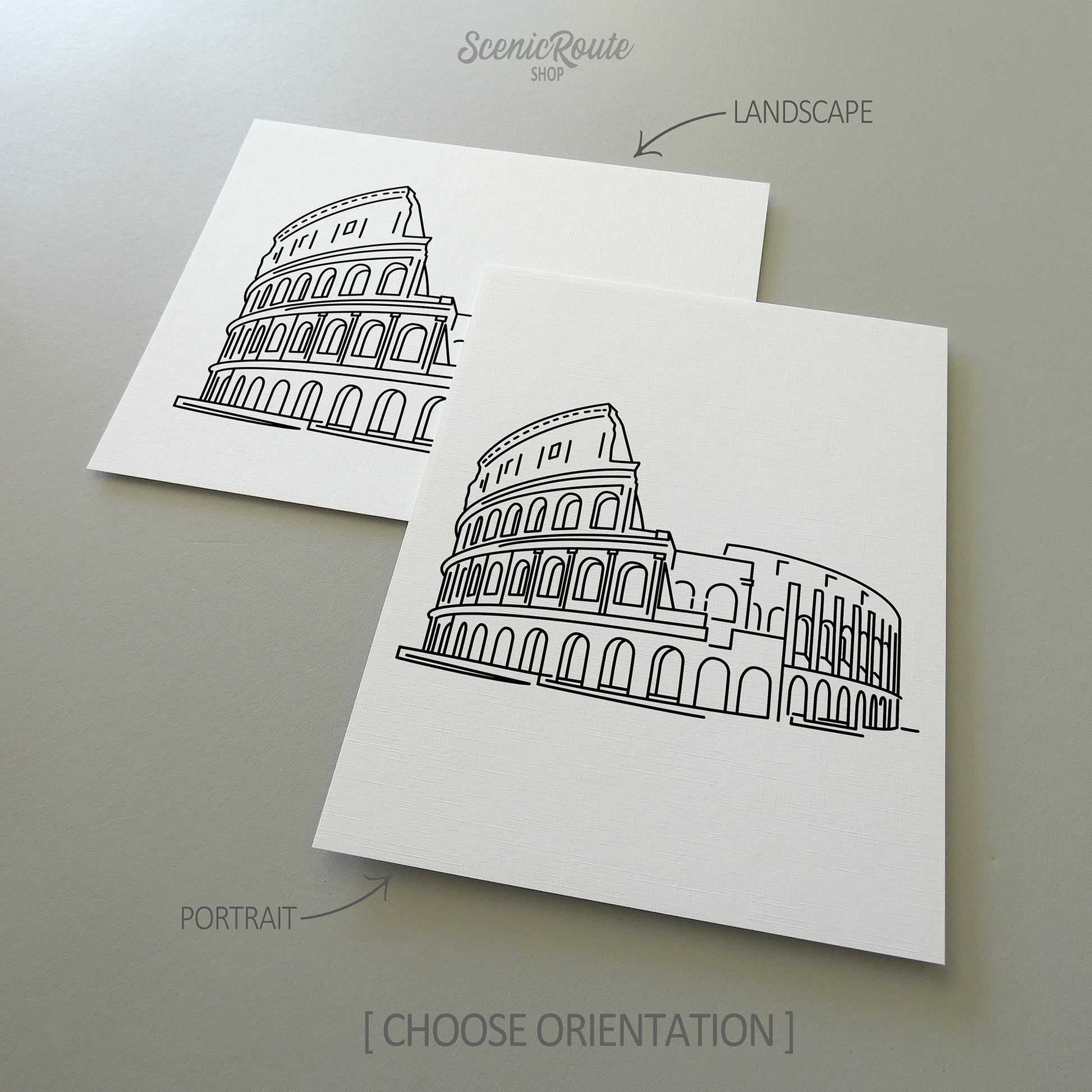 Two line art drawings of the Colosseum on white linen paper with a gray background.  The pieces are shown in portrait and landscape orientation for the available art print options.