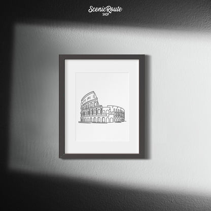 A framed line art drawing of the Colosseum