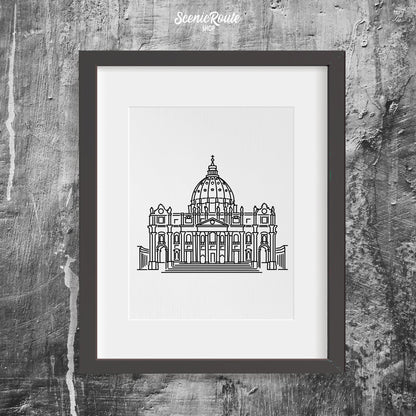 A framed line art drawing of Saint Peters Basilica
