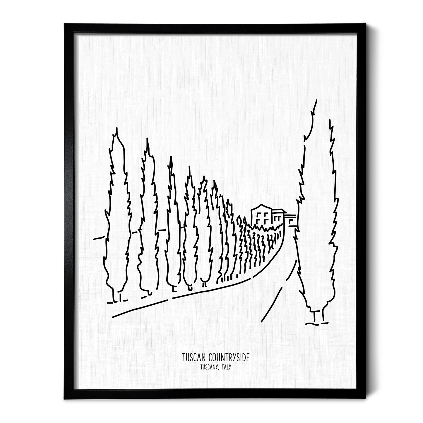 Custom line art drawings of a Tuscany Drive in Italy on white linen paper in a thin black picture frames