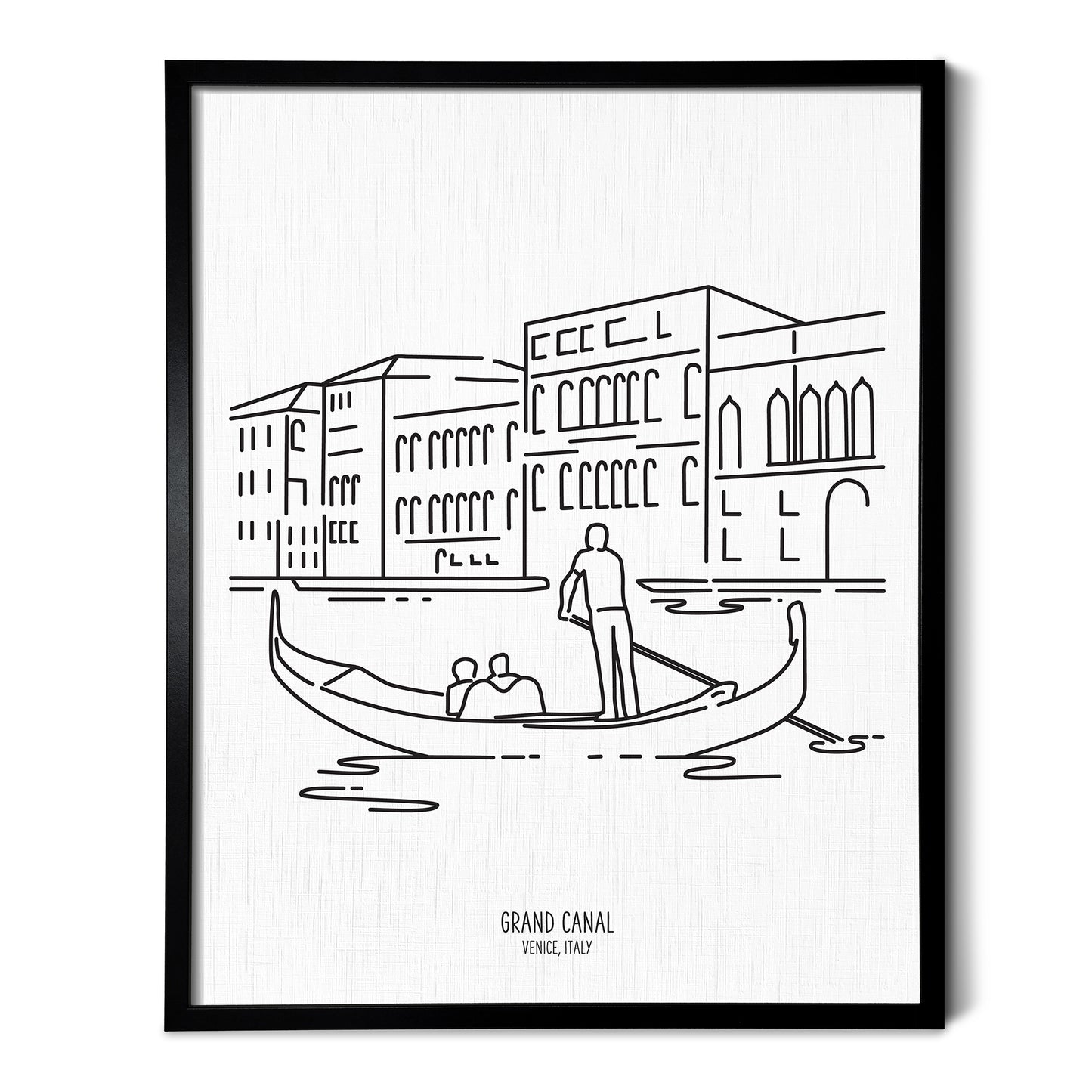 Custom line art drawings of a Gondola on the Grand Canal in Venice Italy on white linen paper in a thin black picture frames