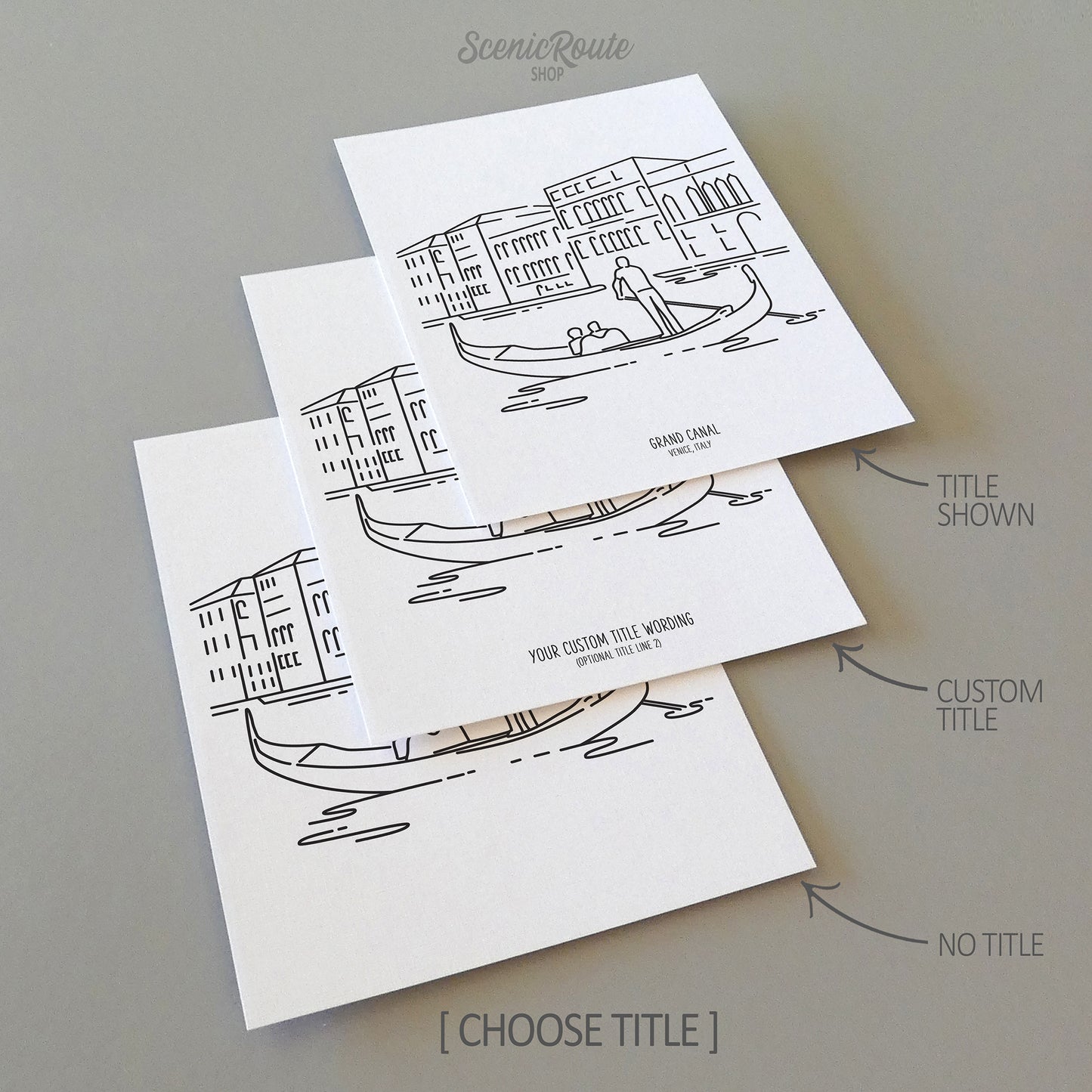 Three line art drawings of a Gondola on the Grand Canal in Venice Italy on white linen paper with a gray background.  The pieces are shown with title options that can be chosen and personalized.