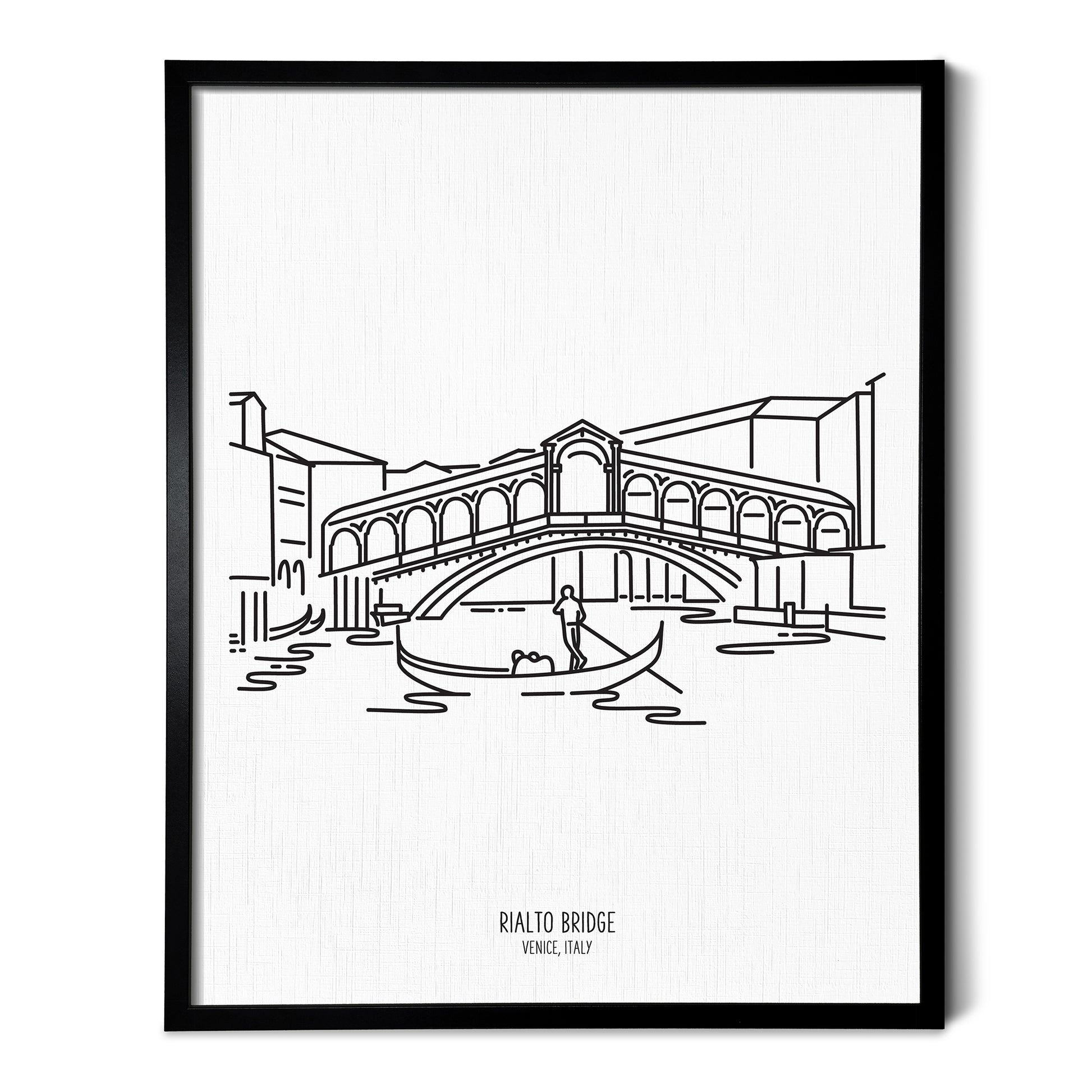 Custom line art drawings of the Rialto Bridge over the Grand Canal in Venice Italy on white linen paper in a thin black picture frames