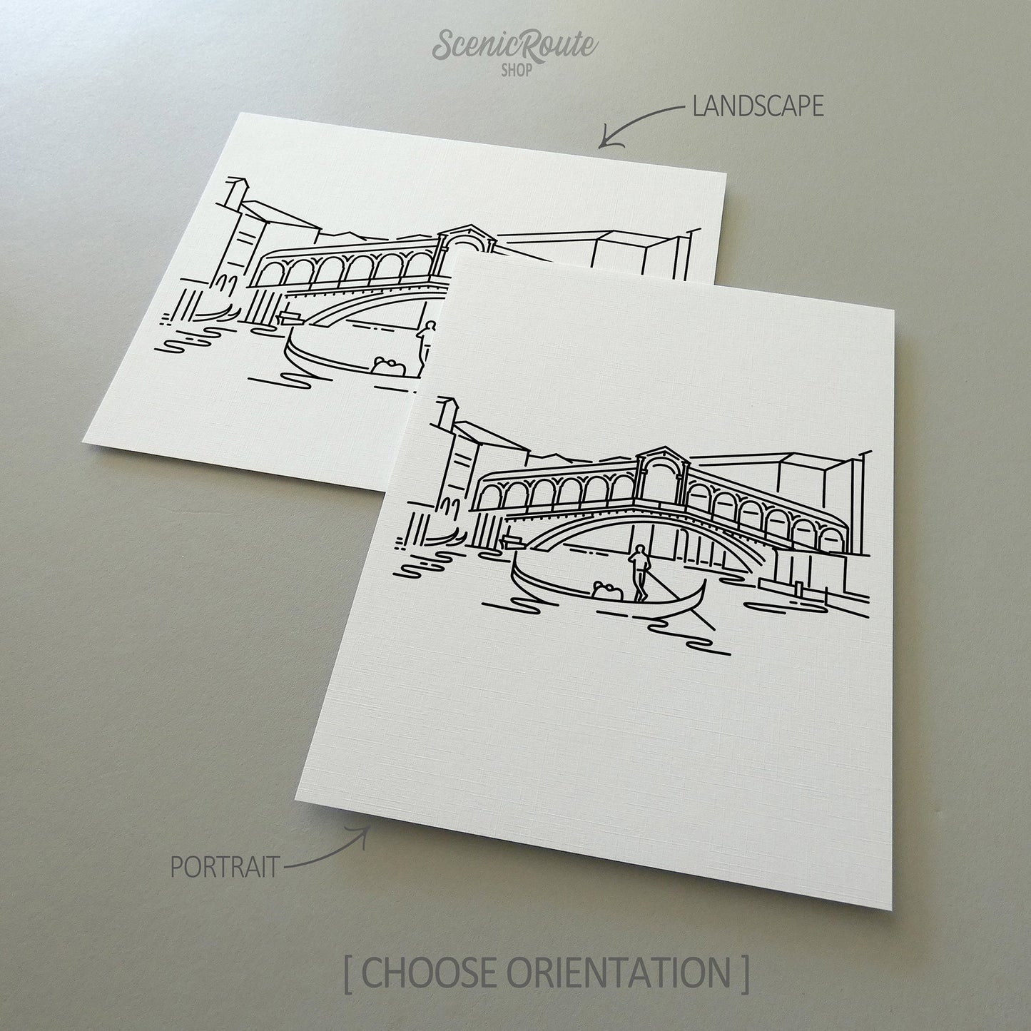 Two line art drawings of the Rialto Bridge on white linen paper with a gray background.  The pieces are shown in portrait and landscape orientation for the available art print options.