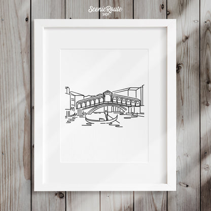 A framed line art drawing of the Rialto Bridge