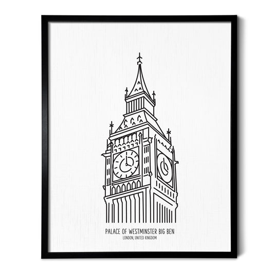 Custom line art drawings of Big Ben of the Palace of Westminster in London England on white linen paper in a thin black picture frames