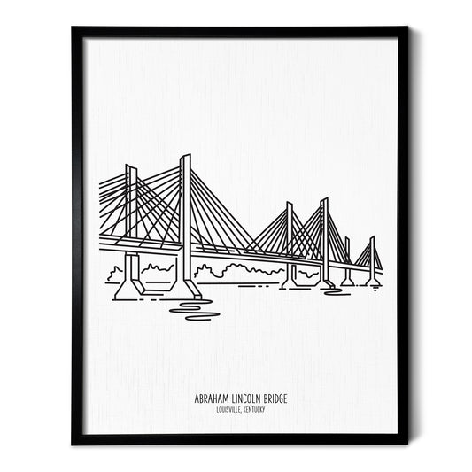 Custom line art drawings of the Abraham Lincoln Bridge in Louisville Kentucky on white linen paper in a thin black picture frames