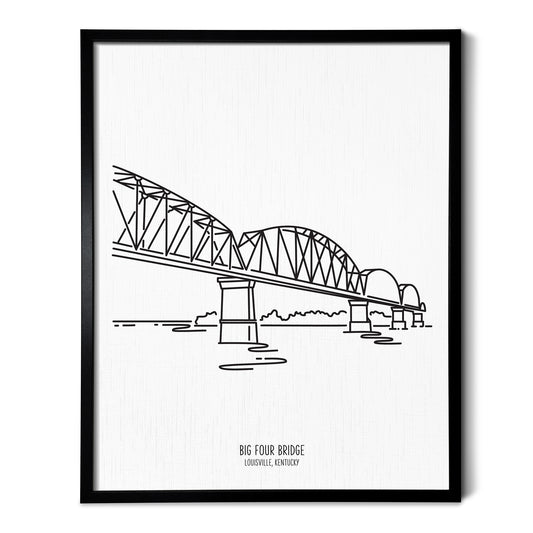 Custom line art drawings of the Big Four Bridge in Louisville Kentucky on white linen paper in a thin black picture frames