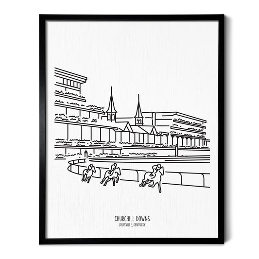 Custom line art drawings of Churchill Downs in Louisville Kentucky on white linen paper in a thin black picture frames