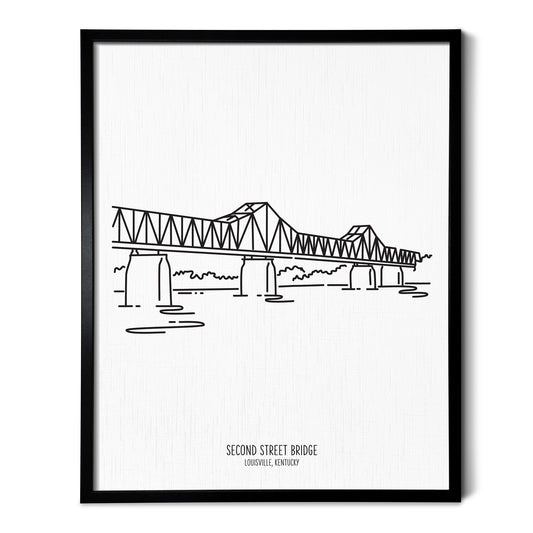 Custom line art drawings of the Second Street Bridge in Louisville Kentucky on white linen paper in a thin black picture frames