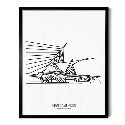Custom line art drawings of the Milwaukee Art Museum in Wisconsin on white linen paper in a thin black picture frames