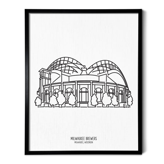 Custom line art drawings of the Milwaukee Brewers Ballpark in Wisconsin on white linen paper in a thin black picture frames