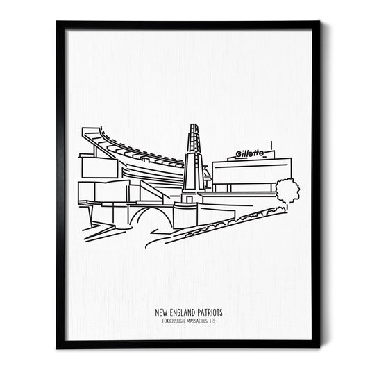 Custom line art drawings of the New England Patriots Stadium on white linen paper in a thin black picture frames