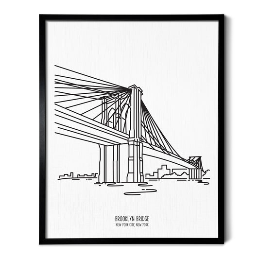 Custom line art drawings of the New York City Brooklyn Bridge on white linen paper in a thin black picture frames