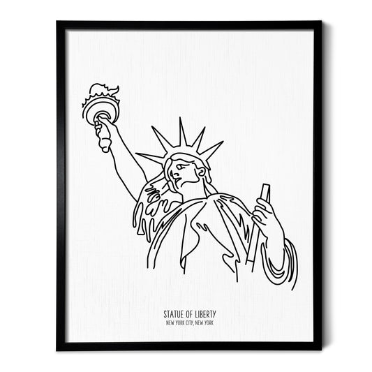 Custom line art drawings of the Statue of Liberty in New York City on white linen paper in a thin black picture frames